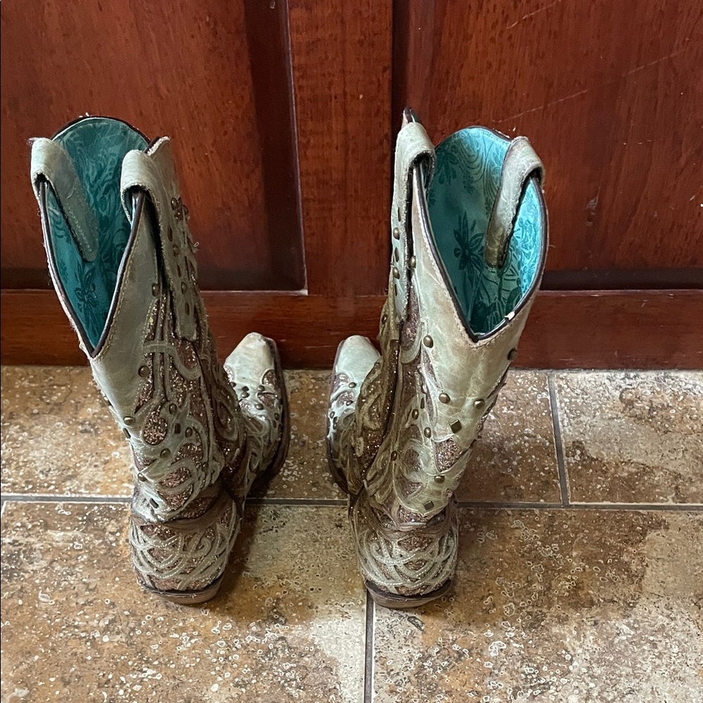Corral Glitter Embellished Green Women's Western Boots Genuine Leather Snip Toe - Picture 6 of 8